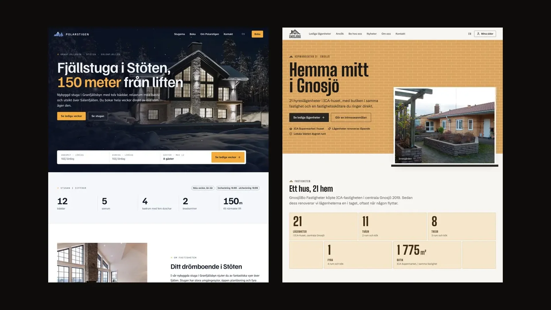 Two homepages side by side: Polarstigen's dark site with the cabin on a winter evening, and GnosjöBo's light site with the yellow brick buildings in Gnosjö. Demo data.