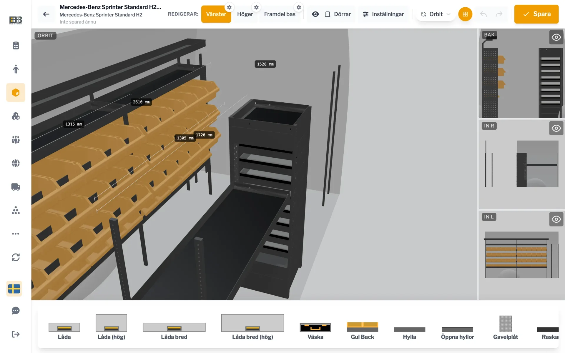 BOB's 3D configurator showing a fully fitted Mercedes Sprinter: shelving, picking bins and a drawer cabinet, with 2D views alongside.
