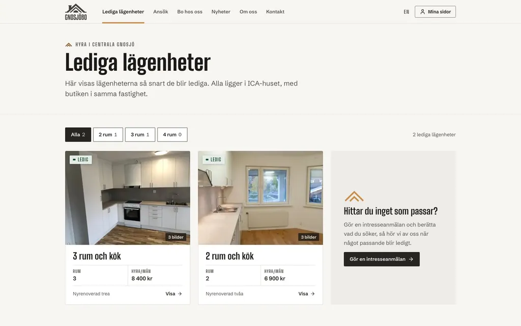 GnosjöBos lediga lägenheter: filter på antal rum, två lediga lägenheter med hyra och ett kort för intresseanmälan. Demodata.