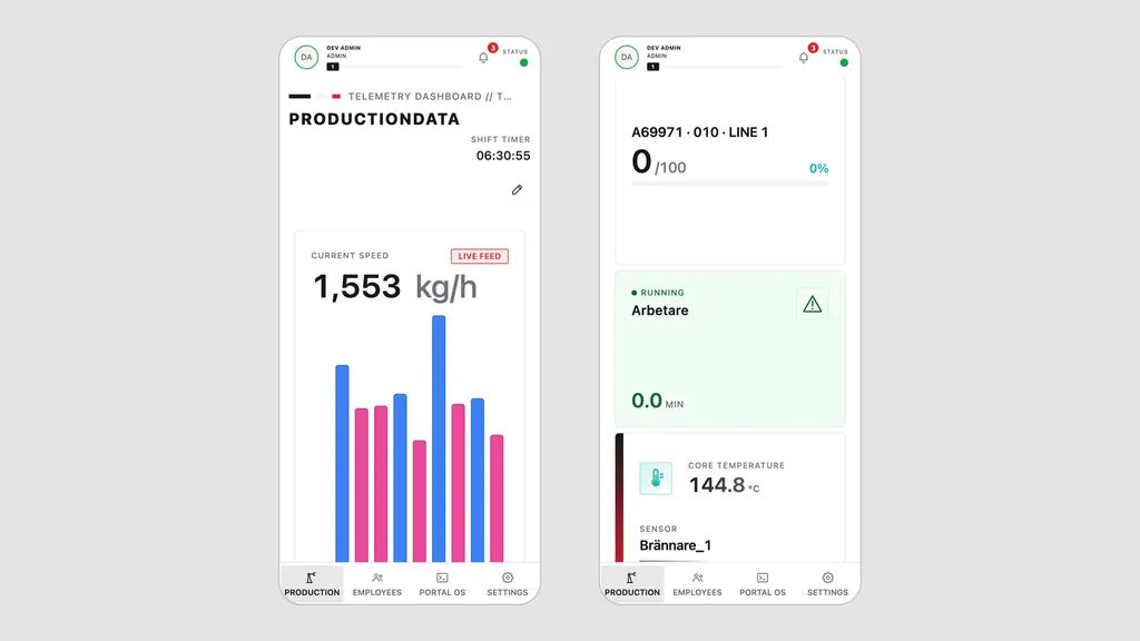 Formula i två telefoner: produktionsdashboarden, och längre ner orderförlopp, maskinstatus och kärntemperatur i en kolumn. Demodata.