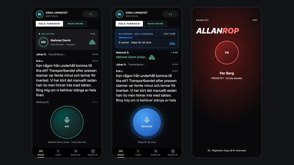 Tre telefoner: ett anrop som tas emot i headsetet och visas som text, en egen sändning med 30 sekunders gräns och ett allanrop som tar över skärmen och slår på högtalaren. Demodata.